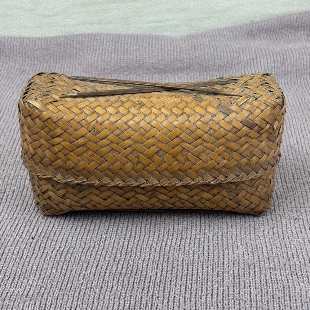 Vintage Woven Rattan Bamboo Storage Basket w Lid Likely Lahu‎ Thai Handcrafted